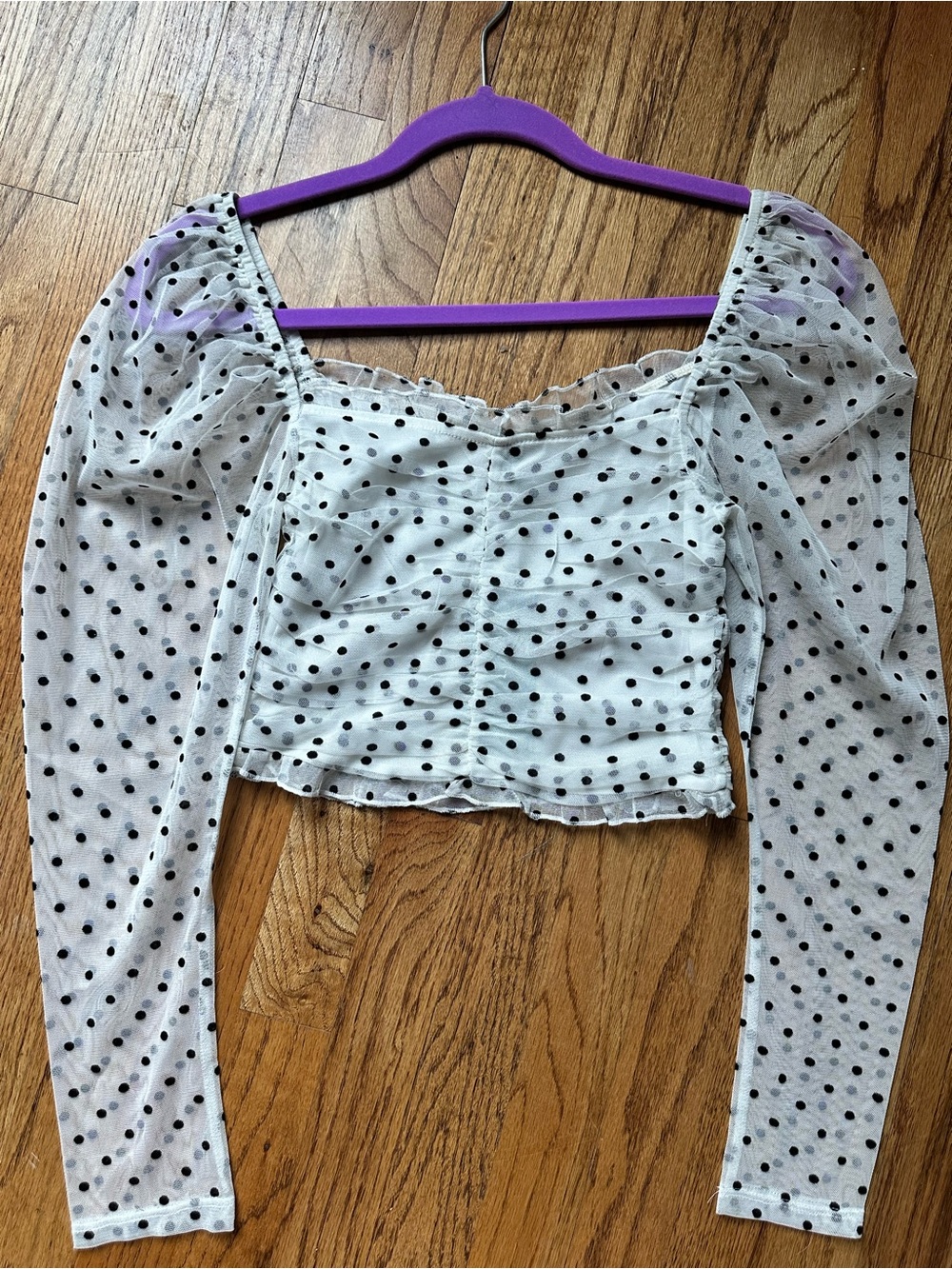 H&M White Sheer Polka Dot Long-Sleeve Crop Top